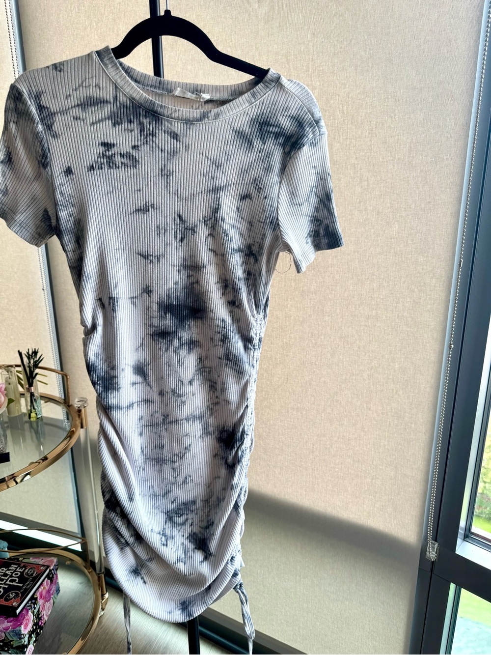 Ribbed Tie-Dye Midi Dress with Side Ruching - Black/White